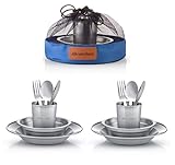 Wealers Unique Complete Messware Kit Polished Stainless Steel Dishes Set| Tableware| Dinnerware| Camping| Buffet| Includes - Cups | Plates| Bowls| Cutlery| Comes in Mesh Bags (2 Person Set Blue)