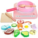 Wooden Pretend Play Kitchen Accessories for Toddler Girl, 16 PCS Wood Induction Cooktop Playset for Kids, Cookware Pan and Play Food for Toddlers 1-3 Boys Play