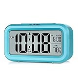 PEAKEEP Smart Night Light Digital Alarm Clock with Indoor Temperature, Battery Operated Desk Small Clock (Blue)