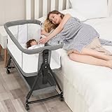 Jestonten 3 in 1 Baby Bassinet Bedside Sleeper for Baby,Bedside Cribs with Storage Basket and Wheels for Newborn, Easy Folding Bassinet for Baby and Safe Co-Sleeping,Adjustable Portable Bassinet（Grey）