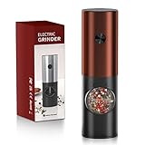 Electric Salt and Pepper Grinder Set, EAGMAK Battery Powered Automatic 70ml Pepper Mill Grinders, Stainless Steel Mill Shakers with Adjustable Coarseness, LED Light & Storage Base (1 Pack,Bronze Gold)