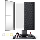 Trifold Makeup Vanity Mirror with Lights - 3 Color Lighting Modes 72 LED , Touch Control Design, 1x/2x/3x Magnification, Portable High Definition Cosmetic Lighted Up Mirror (Black)