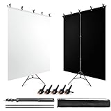 JEBUTU 5X6.5ft Black White Backdrop with Stand Kit for Photo Shoot, Black White Photo Backdrop Background with Portable T-Shape Stand, Carry Bag & Spring Clamp for Photography Streaming Party Wedding