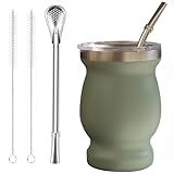 Beruth Bombilla Yerba Mate Gourd, 8oz Stainless Steel Tea Cup Set with a Multifunctional Lid, Two Straws and Cleaning Brushes, Double Walled Coffee Mug Heat Insulation Anti Scalding (Avocado Green)