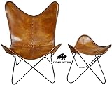 Tan Brown Vintage Leather Arm Butterfly Chair | Genuine Tan Leather Butterfly Chair Home Décor | Classic Handmade Chair (with Fold-able Stand & Stool) (with Foot Stool)