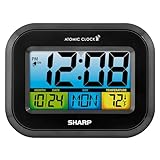 SHARP Atomic Digital Alarm Clock, Battery Operated Self-Setting Digital Wall or Desk Clock, Easy to Read Color Display Nightlight with Indoor Temperature and Calendar
