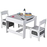 Costzon 3 in 1 Kids Wooden Table & 2 Chair Set, Children Activity Table Desk Sets w/Storage Drawer, Detachable Blackboard for Toddlers Drawing Reading Art Playroom, 3-Piece Kid-Sized Furniture (Gray)