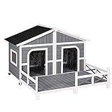 PawHut 59″ L x 63.5″ W x 39.25″ H Wood Large Dog House Cabin Style Elevated Pet Shelter w/Porch Deck Grey