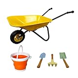 KOVOME Kid's Wheelbarrow Toy, Gardening Metal Small Wheel Barrow Wagon Set, Yard Tools Gift for Boys and Girls, Children Barrows (Yellow and Black)