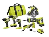 RYOBI ONE+ PCL1600K2 18V Cordless 6-Tool Combo Kit with 1.5 Ah Battery, 4.0 Ah Battery, and Charger