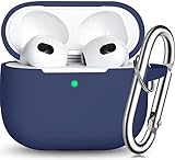 R-fun AirPods 3 Case Cover, Silicone Protective Accessories Skin with Keychain Compatible with Apple AirPod 3rd Generation 2021 for Women Men Girls Boys,Front LED Visible-Midnight Blue