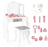 INFANS Kids Vanity, 2 in 1 Princess Makeup Desk and Stool Set with Tri-Folding Detachable Mirror 10 Accessories Wooden Dressing Table, Pretend Play Vanity Set for Toddler Girls