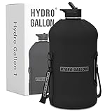 Hydro Gallon - 1 Gallon Water Bottle with Insulated Sleeve and Straw Lid, Handle, Motivational Time Marker No Words, Pocket, Shoulder Strap. Leakproof BPA free Large Jug for Men. 128oz (Black)