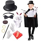 Beelittle Kids Magician Costume Set with Cloak Cape Top Hat Wand Gloves Rabbit Puppet
