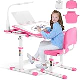 Artist hand Kids Study Table and Chair Set,Adjustable Girls School Writing Study Table,with Large Writing Board LED Pull Out Drawer Pencil Case Bookstand,Pink