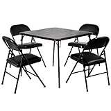 VECELO Folding Table & 4 Padded Chairs Portable & No Assembly Required, 5 Piece Set, Black