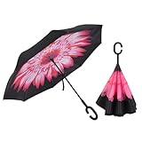 LLanxiry Umbrella,Inverted Reverse Upside Down Umbrellas with C-Shaped Handle, Waterproof Rain Umbrella for Women and Men (pink daisy)