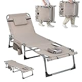 Giantex Folding Beach Tanning Chair - Outdoor Chaise Lounge Chair, 5-Position Adjustable Lounger with Face Hole, Removable Pillow, Storage Pocket, 400 lbs Weight Capacity Sunbathing Chair (1, Beige)