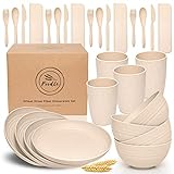 FOODLE Wheat Straw Dinnerware Sets - (28pcs) Lightweight & Unbreakable Dishes - Microwave & Dishwasher Safe - Perfect for Camping, Picnic, RV, Dorm - Plates, Cups and Bowls - Great for Kids - Beige