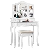 Giantex Vanity Table Set with Tri-Folding Mirror and 4 Drawers, Modern Bedroom Bathroom Dressing Table Makeup Desk with Cushioned Stool, for Women Girls (White)