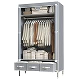 ASSICA Portable Clothes Closet Rolling Door Wardrobe with Hanging Rack Non-Woven Fabric Storage Organizer with Three Drawer Boxes No-Tool Assembly - 35.4 x 17.7 x 67.0 ‘’ (Gray)