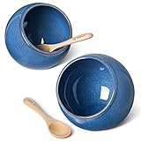 LE TAUCI Salt Pig Ceramic Set with Wooden Spoons, 12 Oz Salt Cellar, Fit a Large hand, Wide-Mouth Salt Crock Box, Salt and Pepper Shaker, Set of 2, Ceylon blue