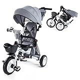 JMMD Baby Tricycle, 7-in-1 Folding Kids Trike with Adjustable Parent Handle, Safety Harness & Wheel Brakes, Removable Canopy, Storage, Stroller Bike Gift for Toddlers 18 Months - 5 Years, Grey