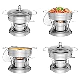 WARMOUNTS 1QT Chafing Dish Buffet Set 4 Pack, Individual Single Shabu Hot Pot, Stainless Steel, Glass Lid, Mini Round Chafing Dishes for Buffet for Dinner, Parties, Wedding, Camping, Events