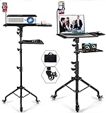 Asltoy Projector Tripod Stand with Wheels Adjustable Height Laptop Tripod Stand Treadmill Laptop Stand with 2 Shelves Phone Holder Projector Tripod Music Stand Office Home Portable Laptop Floor Stand