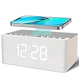 ANJANK Wooden Sound Machine Alarm Clock for Bedroom, Bluetooth Speaker, Wireless Charging Station for iPhone/Samsung, Sleep Timer, 0-100% Dimmer, White Noise Machine for Sleeping Adults with 20 Sounds