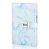 Password Lock Notebook, Refillable Leather Journal with A5 Blank Pages, 192 Pages Notebook Marble PU with Combination Lock, Diary with Lock for Work and Personal Use (Blue)