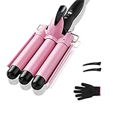 3 Barrel Curling Iron Hair Crimper, TOP4EVER 25mm（1 inch ） Professional Hair Curling Wand with Two Temperature Control,Fast Heating Portable Crimpers for Waving Hair (Pink)
