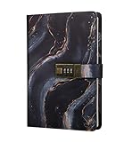 sayrrame Marble Journal with Lock,A5 Password Diary with Lock for Women Girl,PU Leather Refillable Secret Notebook with Combination Lock Black