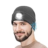 Lesgrod Unisex LED Beanie with Light,Rechargeable Bluetooth Hat Beanie,Knitted Hat with Headphone and Built-in Stereo Speakers & Mic,LED Hat for Running Fishing,Gifts for Men Women Dad Grey