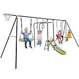 GLACER 7-in-1 Kids Swing Set w/ 2 Swings, Slide, Fun Glider, Gym Rings, Monkey Bars, Basketball Hoop, 660 LBS Swing Set for Kids, Heavy Duty Play Set for Backyard, Garden, Park