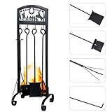 WILLBOND 5 Pieces Cowboy Fireplace Tools Sets Iron Fireplace Set with Handle Fireplace Tools Include Rack Plated Poker Brush Shovel Tongs for Chimney Fire Pit Indoor Outdoor