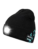 Bluetooth Beanie Hat with Light, Unisex USB Rechargeable 4 LED Headlamp Cap with Headphones, Built-in Stereo Speakers & Mic Winter Knitted Night Lighted Music Hat (Black)