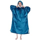 PAVILIA Blanket Hoodie for Women Teal, Sherpa Wearable Blanket Men, Cozy Oversized Sweatshirt Blanket, Warm Fleece Hooded Blanket Sweater with Sleeves and Two Big Pocket, Teal Blue