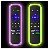 2Pack Silicone Protective Remote Case for TCL Roku | Hisense Roku Controller Sleeve Universal for Roku Express 4K+ 2021 | Roku Streaming Stick+ Remote Cover with Lanyards Glow Green&Glow Purple