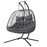 Double Swing Egg Chair,2 Person Hammock Chair,Hanging Rattan Swing Chair with Stand and Cushion Headrest,Folding Swinging Loveseat for Outdoor Indoor Garden Patio Bedroom