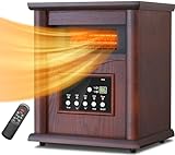 LifePlus Electric Infrared Quartz Heater Deluxe Wood Cabinet with LED Digital Screen, Remote Control and Timer, Tip-Over & Overheat Protection, Quiet Space Heater for Indoor Use, 1500W