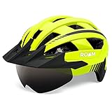 Roam Road Bike Helmet - Durable Helmets for Adults with Sun Visor, LED Light and Detachable Magnetic Goggles - Adjustable Size - Mountain Bicycle Helmet for Adult Men & Women﻿