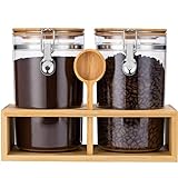 Youngcafe 2Pcs Coffee Sugar Canisters with Shelf, 58OZ Plastics Storage Containers for Ground Coffee Bean Storage with Lid Airtight Locking Clamp and Coffee Scoop, Food Storage Jar for Kitchen