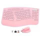 MEETION New Ergonomic Keyboard and Mouse, Multi-Device Bluetooth Keyboard and Mouse with Wrist Rest, 3 DPI Adjustable Full-Sized Cordless Split Keyboard and Mouse, for PC/Computer/Laptop/Window, Pink