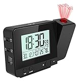 Jhua Digital Projection Alarm Clock Dimmable Alarm Clock with Indoor Temperature Hygrometer, USB Charger, LCD Display Dual Alarm Clocks for Bedrooms Ceiling Wall, DC & Battery Operated, Black