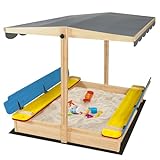RUNSHED Wooden Sandbox for Outdoor Backyard, 48x48in Large Sand Box with Canopy for Aged 3-12 Years Old, Kid Sand Pit with 2 Foldable Bench Retractable Roof Bottom Liner (Multicolour)