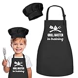 OUUKHGY Kids Apron and Chef Hat Set, Grill Master in Training Funny Child Apron with 2 Pockets for Boys Girls (Black)