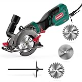 Electric Circular Saw, HYCHIKA 6.2A Mini Circular Saw with 3 Blades(4-1/2”), Compact Hand Saw Max Cutting Depth 1-7/8'' (90°), Rubber Handle, 10 Feet Cord, Fit for Wood Soft Metal Plastic Cuts