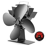 CWLAKON Heat Powered Stove Fan- Upgrade Designed Silent Operation 4 Blades with Stove Thermometer for Wood/Log Burner/Fireplace-Eco Friendly and Efficient Heat Distribution(Black)
