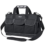 TICONN 16in Tool Bag with Waterproof Molded Bottom, Multi-Pockets Wide Mouth Tool Tote with Safety Reflective Straps, Adjustable Shoulder Strap